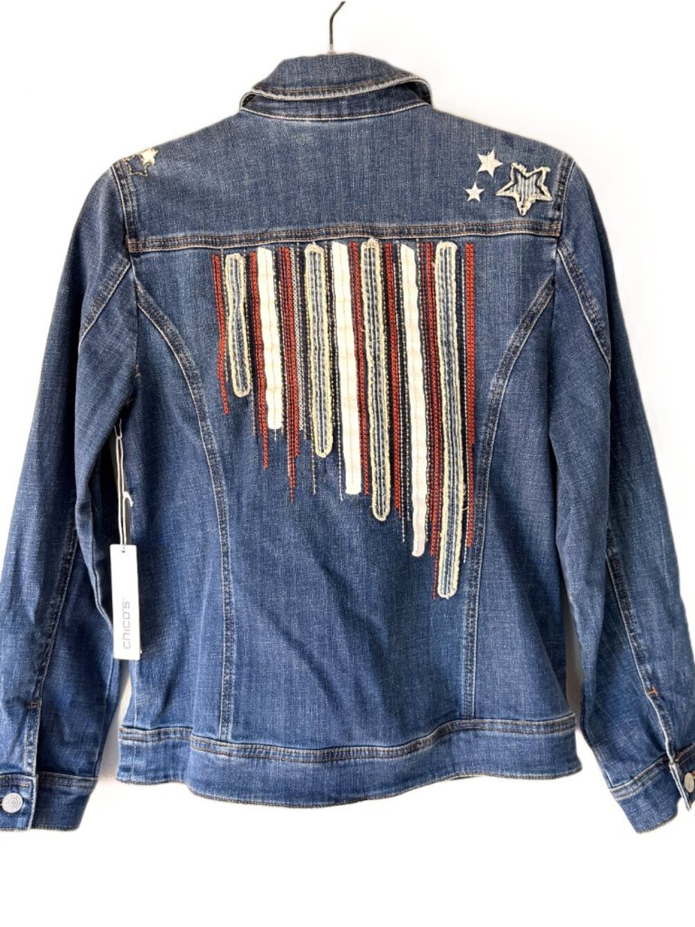 NWT Chico's Patriotic Denim Jacket Embroidered Stars Americana Size 0 Small
